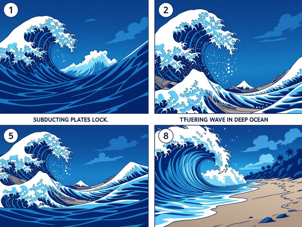 Four-panel storyboard depicting tsunami birth. First panel shows subducting plates locking. Second panel reveals sudden seafloor uplift. Third panel shows a low wave in the deep ocean. Fourth panel illustrates a towering wave reaching the beach. Minimal text callouts emphasized with cinematic lighting.