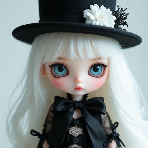 A doll positioned off-center slightly to the right. The doll has pale skin and long white hair. The doll has large blue eyes and a serene expression. The outfit is black and white with lace. The doll wears a black top hat with a white flower. The lighting is soft and highlights the doll's face. The background is off-white. The style suggests fashion doll or anime with gothic or steampunk elements. The doll looks at the viewer.