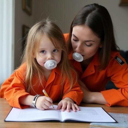 Young girl wearing an orange jumpsuit at home. She does homework. The girl has a pacifier in her mouth. Her wrists have handcuffs. Mother assists her wearing a playful expression. Mother in a prison guard uniform.