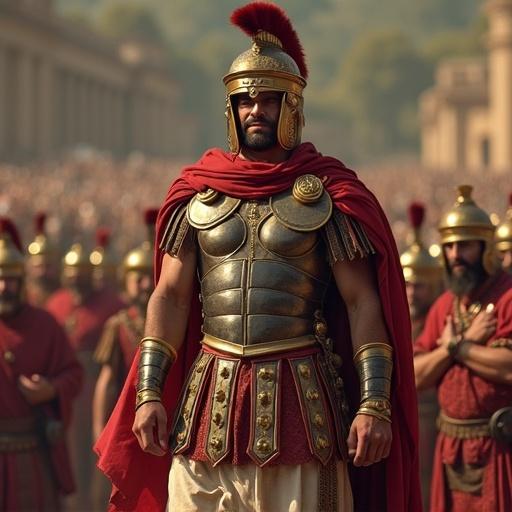 Symbolic representation of Carthage's legendary general without clear faces. Focus on military attire and surroundings. Represent Cannae victory. Emphasize authority and leadership.