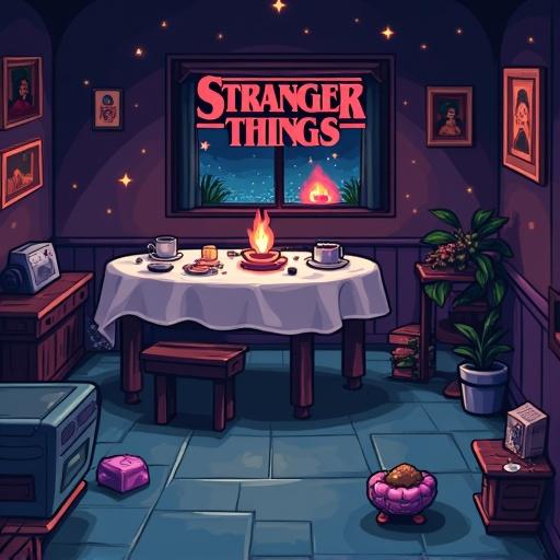 Create an illustration featuring a cozy room inspired by Stranger Things. A table with food sits in the center. A window shows a nighttime view with stars and a flame. The room decor reflects retro elements.