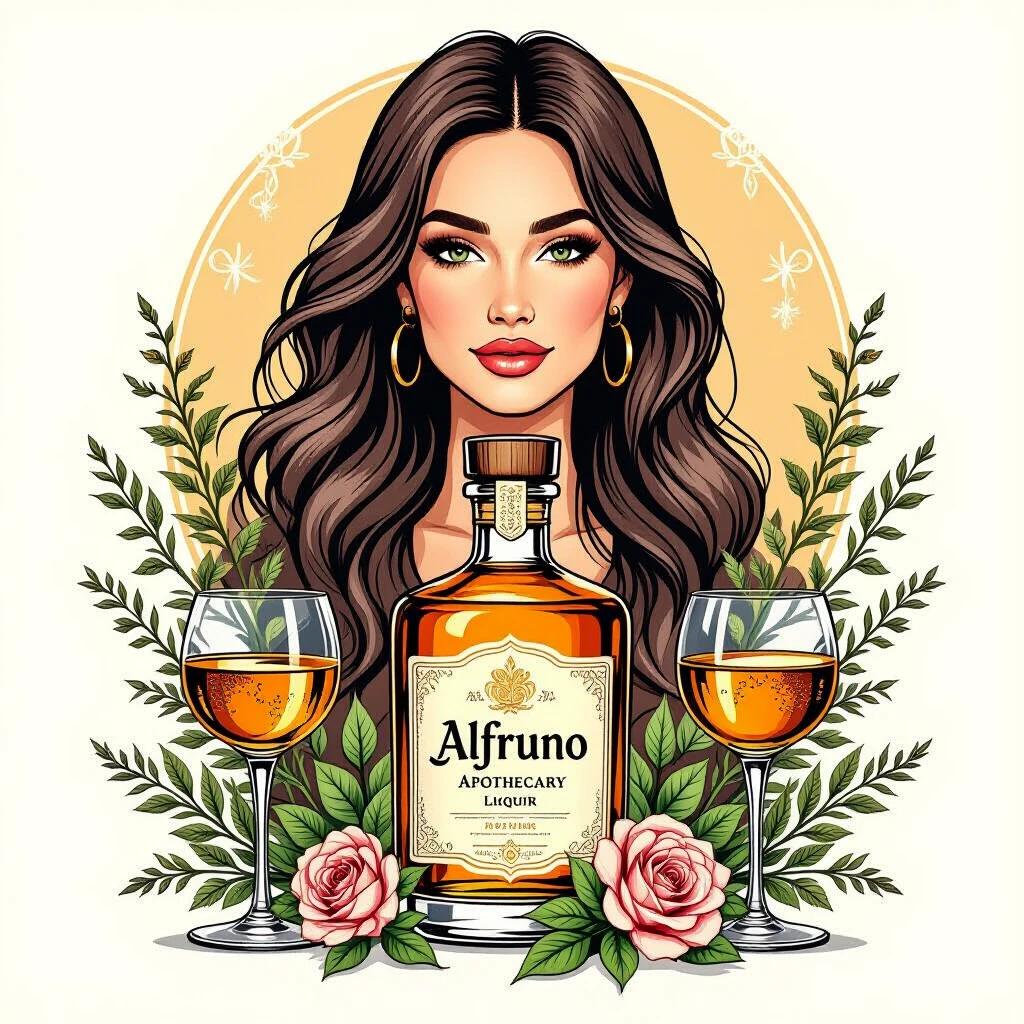 Stylized illustration of an apothecary-style liquor bottle labeled 'Alfruno'. The bottle surrounded by two stemmed glasses filled with amber liquid. Green herbs and roses decorate the scene. Soft, earthy tones create a serene atmosphere. Circular text in red above reads 'Genuss aus dem Garten der Natur - wild und besonders'.