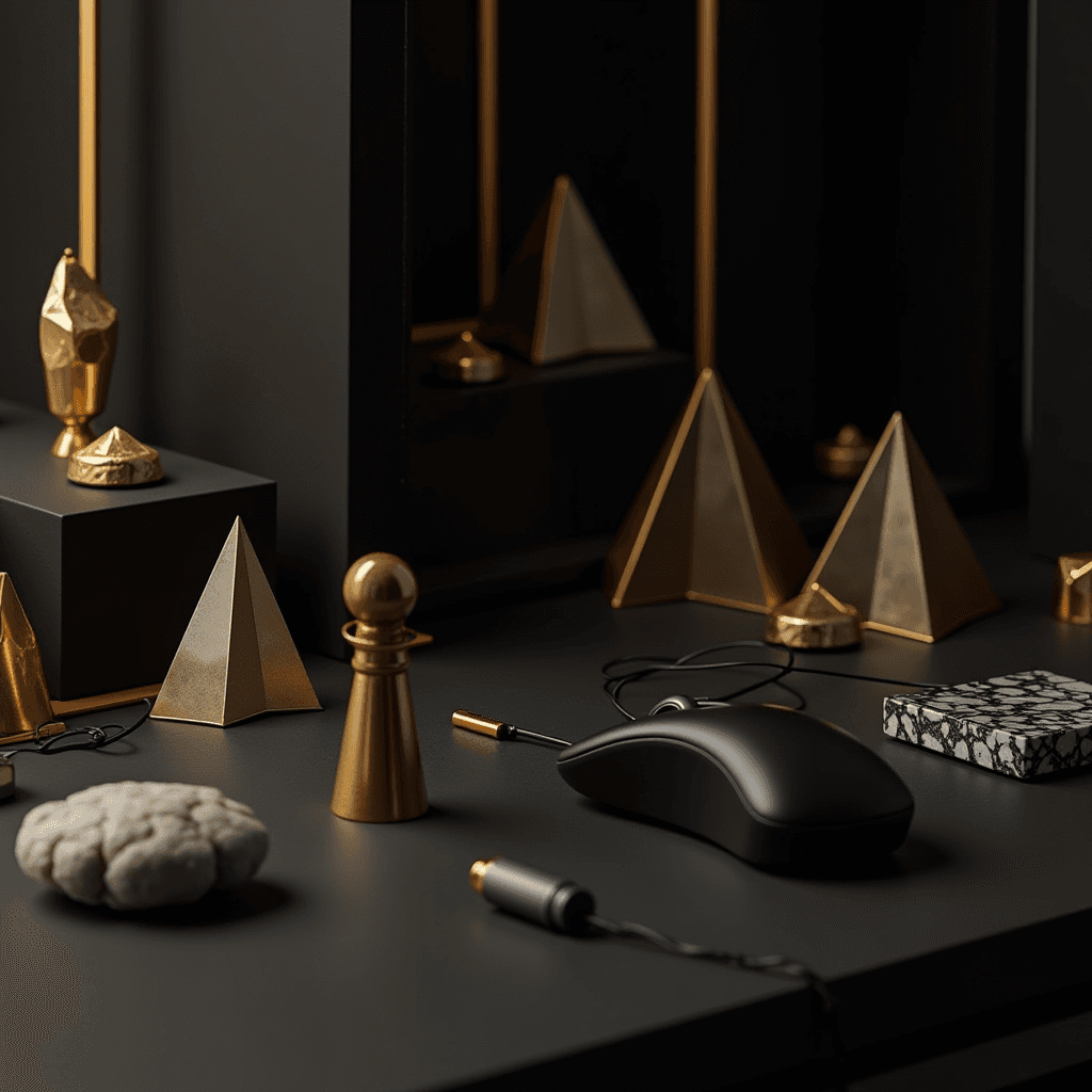 A sleek black mouse surrounded by gold geometric sculptures on a dark surface.