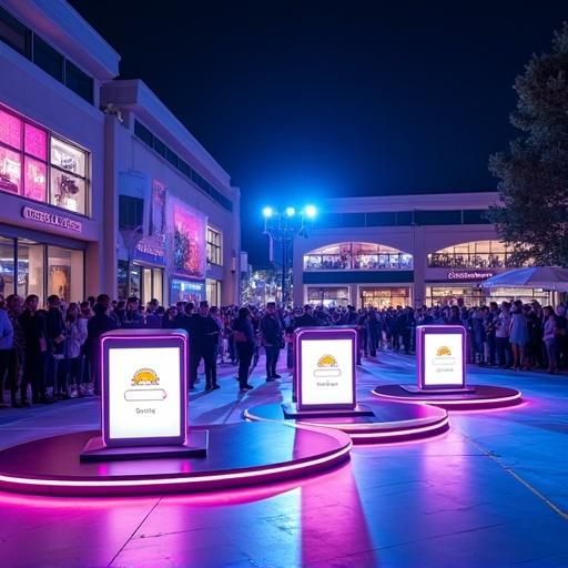 Realistic photo of an outdoor area in front of a shopping mall at night. Colorful blue and purple LED lights light up three modern quiz podiums. Podiums have microphones and large LED screens displaying scores and questions. Logo Corsa alla Cassa is visible. Bright LED strips outline the game zone. Smiling audience on the sides creates a dynamic atmosphere. Full body people are present. Aspect ratio 9:16.