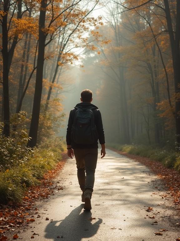 A person is walking on a peaceful forest path surrounded by autumn foliage. The scene is illuminated by soft light filtering through the trees.
