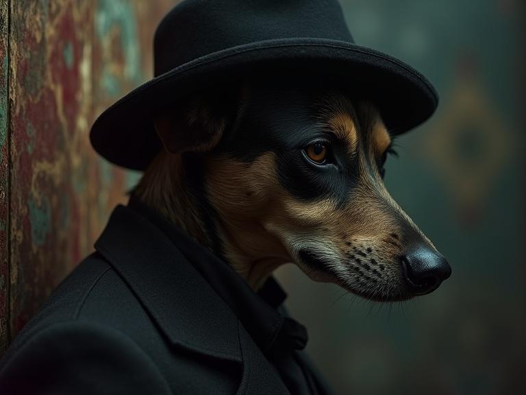 A portrait of a killer dog mobster. The image has a dark and moody aesthetic resembling classic film noir style. The dog's expression is powerful and imposing. The background displays textured elements to enhance the vintage feel.