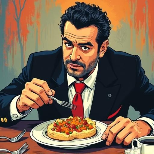 Artistic portrayal of a man dining at breakfast. Illustration in an old comic style. Focus on the man preparing to eat. Warm colors and a close-up perspective. Soft lighting highlights the dining atmosphere.