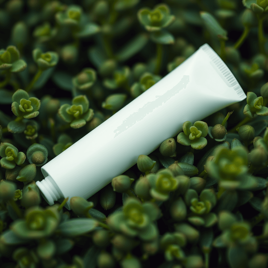 A blank white tube is nestled among lush green succulent leaves.