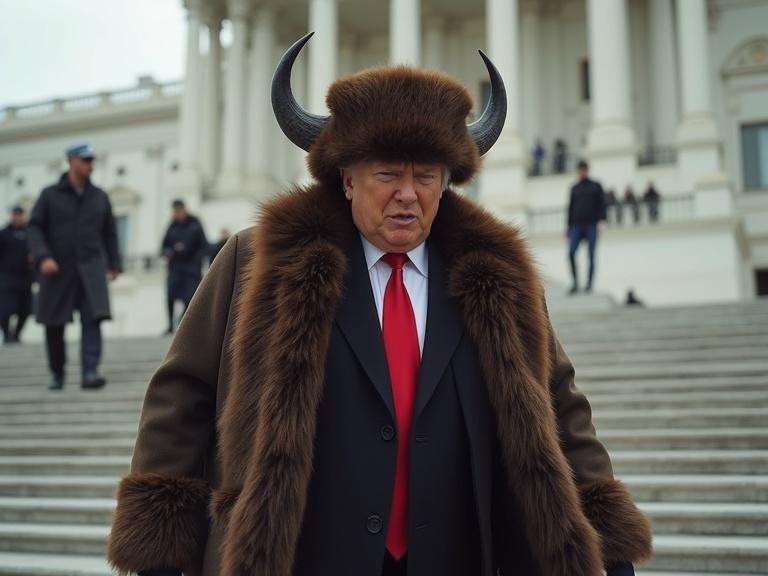 Scene at the Capitol in Washington DC. A person wearing a buffalo horn hat and a fur coat is walking up the stairs. The setting features American political architecture. The mood is tense and charged with political energy.
