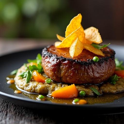 Elk steak with caramelized vegetables serves with pea puree and orange sauce on a black plate garnished with potato chips