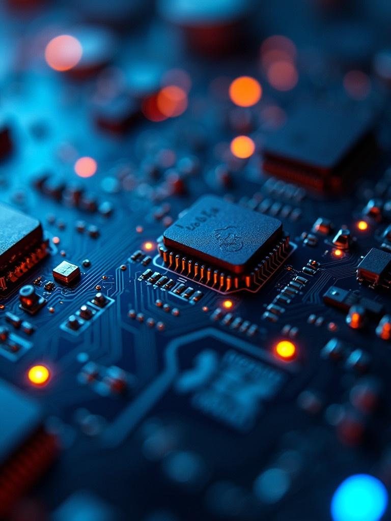 Close-up of a futuristic glowing circuit board. Neon blue and orange lights illuminate the intricate patterns. Includes microchips and electronic components. Macro shot showcasing detail.