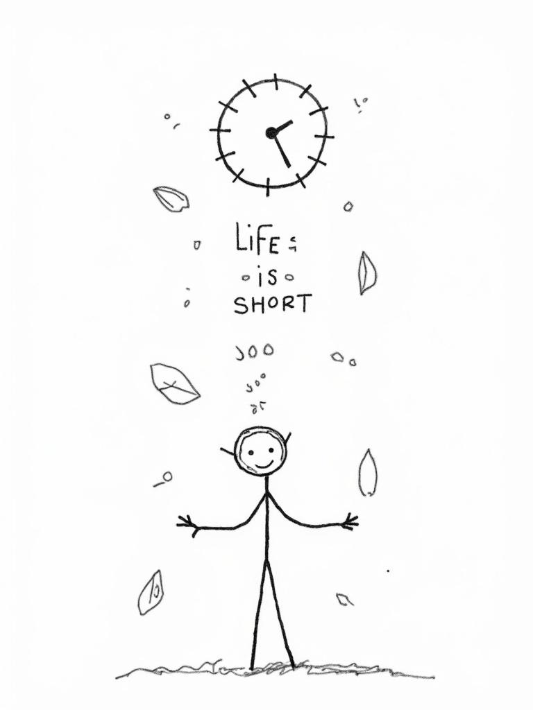 A stickman stands with arms outstretched looking at a floating clock. The phrase 'Life is short' is handwritten around. The scene has falling leaves scattered. The drawing has rough lines, no shading, and is black ink on white.