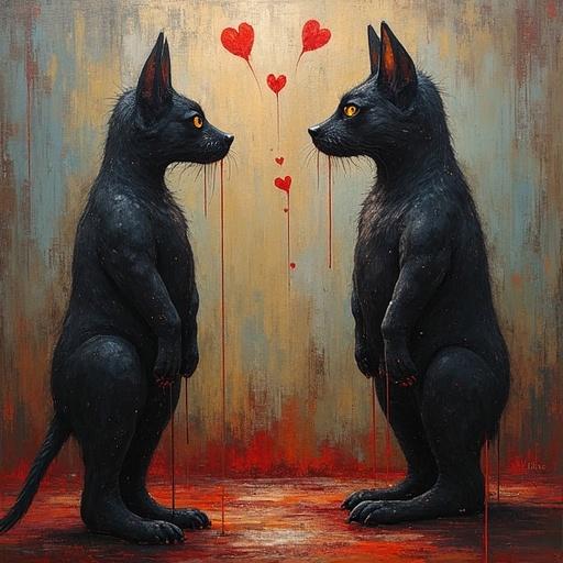 Artwork of two black cats facing each other. Each cat has a bold expression. Heart shapes drip from above. Background has textured colors in shades of gray and gold.
