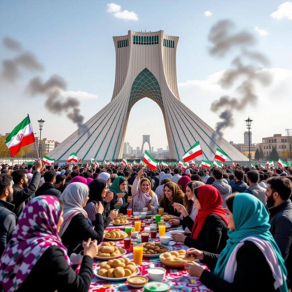 The image features a panoramic view of Tehran showcasing Azadi Tower. The scene depicts a large crowd celebrating a victory after war. People wave Iranian flags while enjoying traditional foods such as saffron sherbet and sangak bread. Colorful scarves are worn by women and children proudly display small flags. Smoke can be seen in the background near damaged buildings. The atmosphere is both dramatic and hopeful due to the celebratory actions of the crowd. Traditional music adds to the festivity.