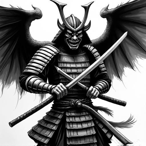 Design features a fierce samurai with a demon mask and wings. The warrior holds two short sticks in an X-cross stance, with a bold and powerful expression. The character is dressed in traditional armor. The illustration is in black and white with thick outlines and strong strokes, intended for A3 silkscreen print on a black T-shirt. No shading or fine details are included.