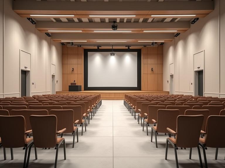 Spacious indoor multipurpose hall with modern architecture. Tiled or vinyl flooring is present. Rows of cushioned auditorium-style chairs are arranged neatly. An elevated stage features a backdrop and podium. The walls are white, adorned with acoustic panels. Large ceiling lights provide illumination with subtle ambient lighting. A projector is mounted on the ceiling. The layout is clean and organized. The image is void of people and offers a wide-angle view with photorealistic details, soft shadows, realistic reflections, and HDR lighting.
