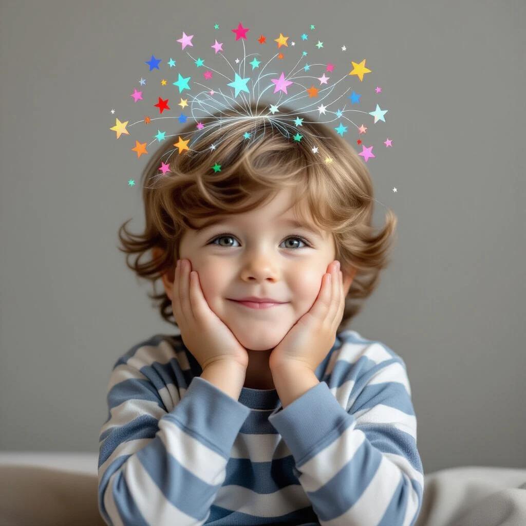 A child smiles with hands on face. Colorful stars and sparkles above head. Striped shirt. Soft, neutral background. Feeling of creativity and wonder.