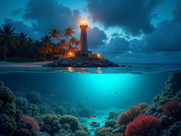 Night scene of a tropical island with palm trees and a lighthouse above water. Under the water, vibrant coral reef with colorful fish and plants. Starry twilight sky. Calm ocean surface reflecting lighthouse light. Vertical split view.