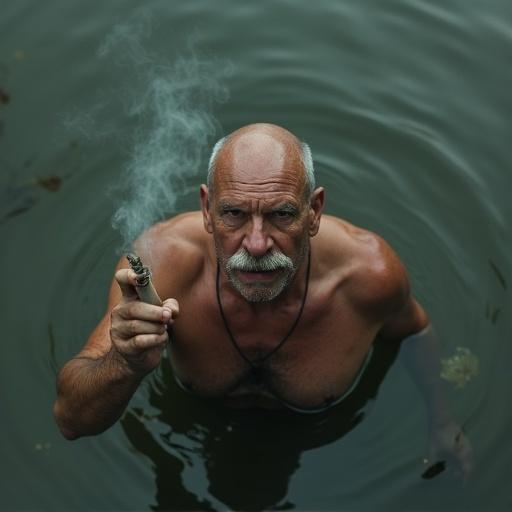 Top view of an older stocky man in a murky pond. Man has a mustache and is topless, holding a cigar. He stares at the overcast sky with a furrowed brow. Water ripples around him, steam rises from the cigar. The image has dramatic lighting with grey clouds reflecting. Mood is cinematic with shallow depth of field.