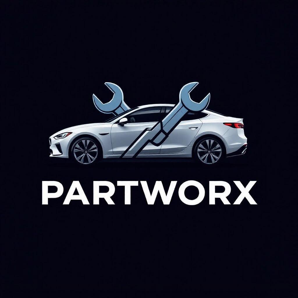 Design a modern and clean logo for PartWorx. Use a side view of a car. Incorporate wrenches and tools in the logo. The style should be sleek and minimalistic. Use a dark background to emphasize the design.