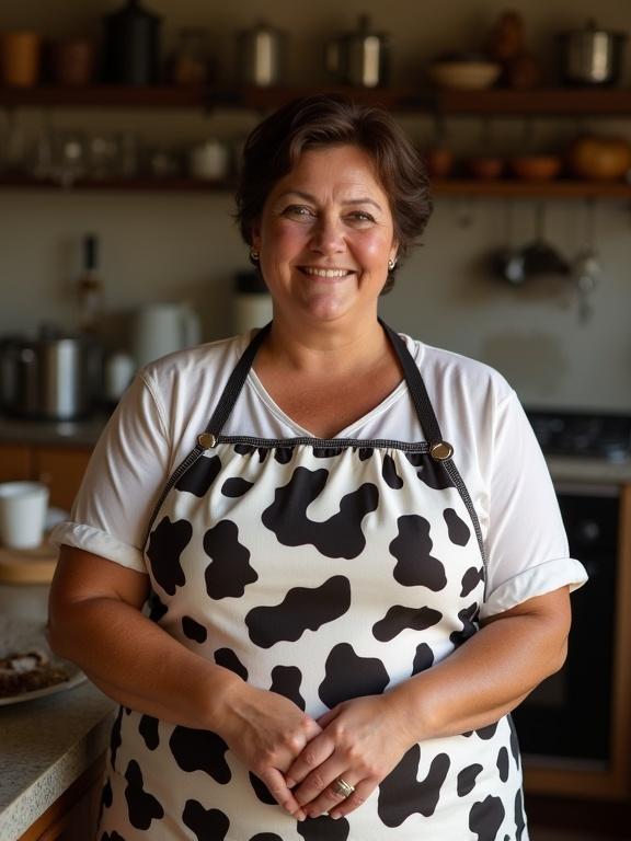 Full-body photo of a mature plus-size woman in a rustic kitchen. She stands confidently wearing a cow-patterned apron. The kitchen setting is cozy and inviting. The woman displays a warm smile. Her build is strong and motherly, with wide hips and plump arms. She has a practical hairstyle. Natural light highlights her features.