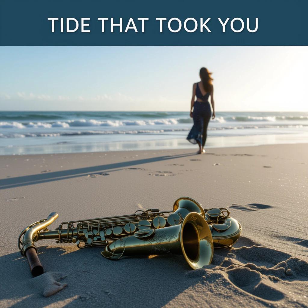 Old saxophone placed on the edge of a beach. Dark sand with golden saxophone. Shadow of a woman walking along the shoreline. Top caption reads 'Tide That Took You'. Cinematic scenery.