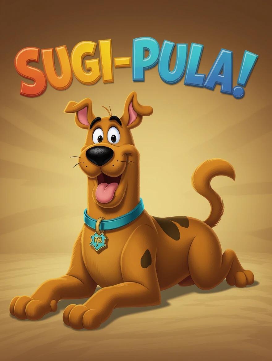 A cartoon dog lies on its back with a big smile. The text ‘Sugi-pula!’ arches above the dog. The background has a warm gradient for a cheerful feel.