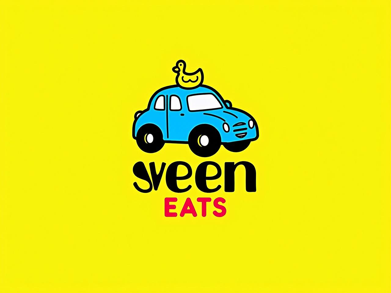 Top down view of the original logo. The logo features a cartoonish car depicted in blue with a playful design. It has a black outline and stylized wheels. Above the car, there is a silhouette of a duck or similar animal, giving it a whimsical feel. The text 'SWEEN EATS' is prominently displayed in bold letters, with 'SWEEN' in black and 'EATS' in a larger, lighter font. The background is a bright yellow, creating a cheerful and vibrant atmosphere.