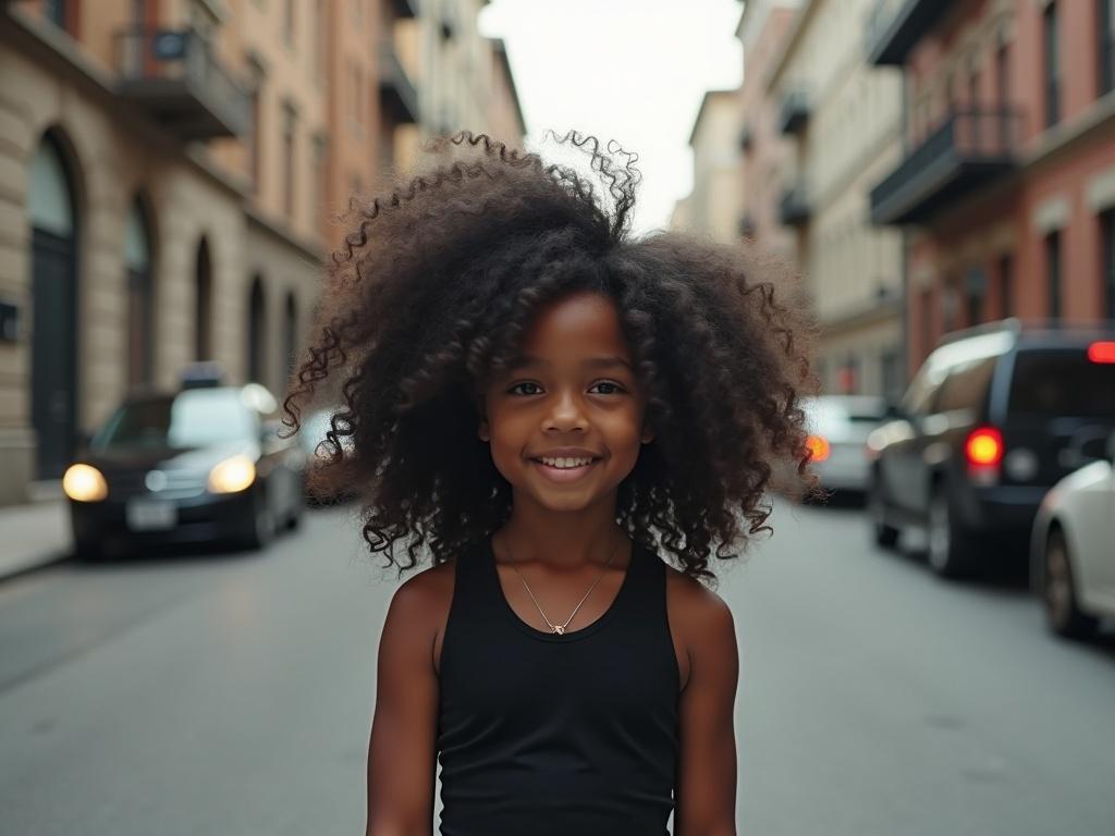 Portrait of a smiling girl with curly hair on a city street. Background shows buildings and cars. Warm tones in the image. Girl wears a black tank top.