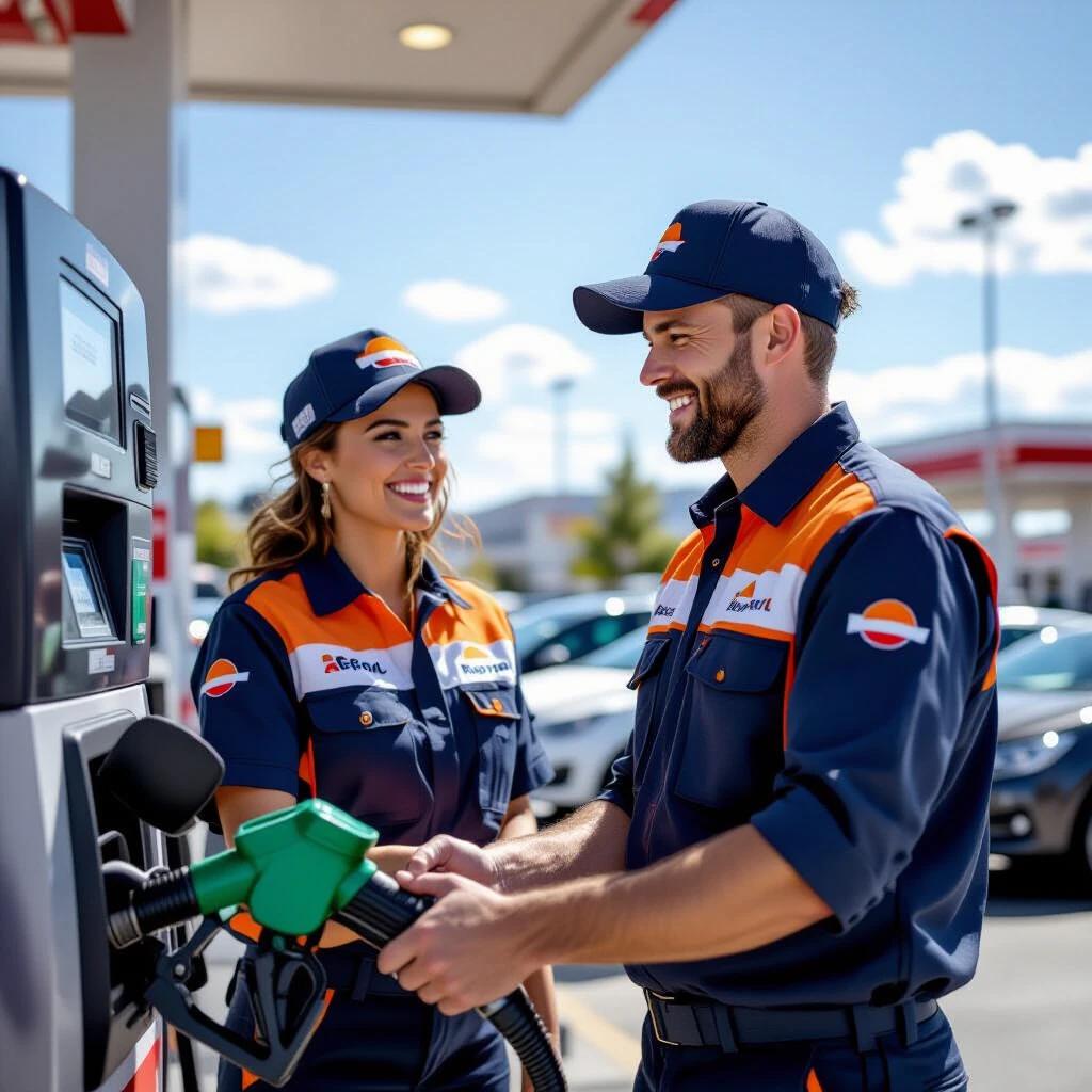 A man and a woman wearing Repsol gas station uniforms. They work together at a fuel pump. It is a bright sunny day. They are smiling and laughing. Cars and gas station equipment surround them. The image has a realistic style and warm atmosphere.