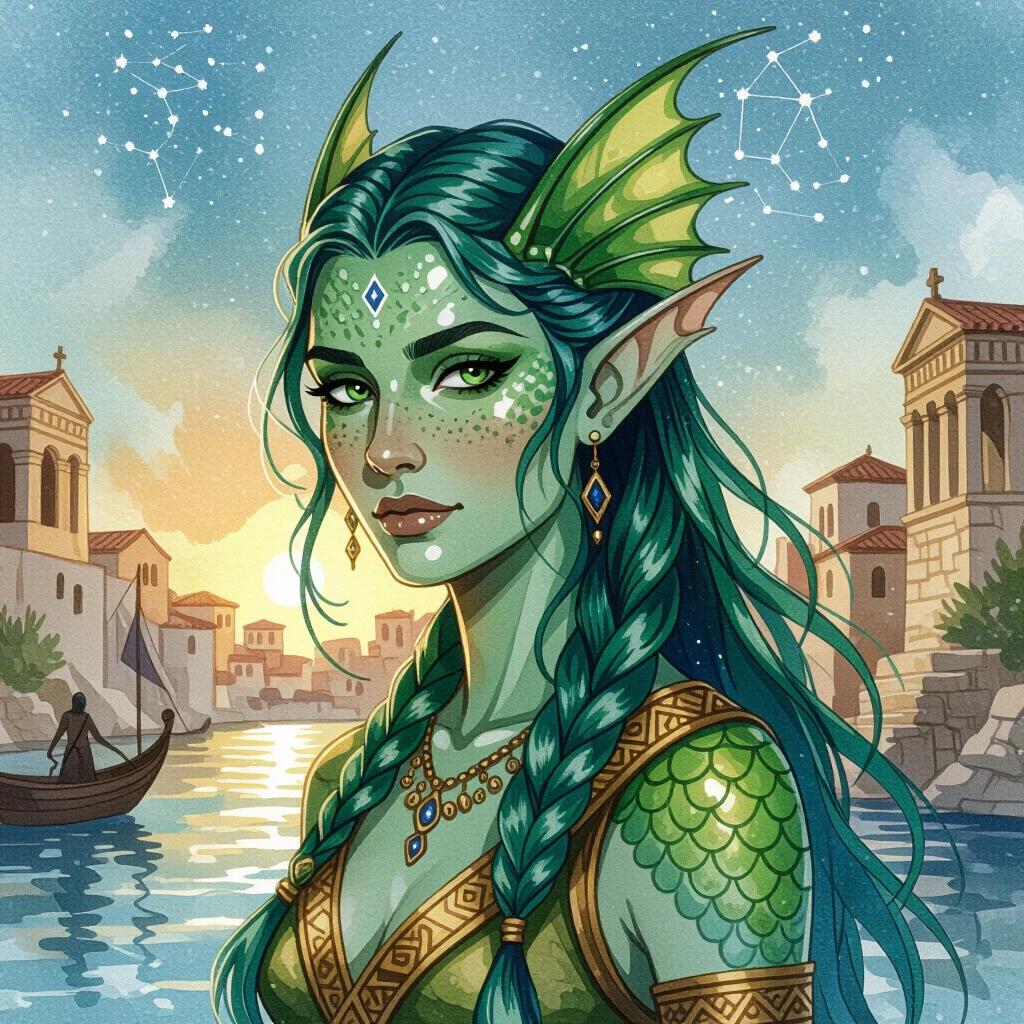 Dark watercolour illustration featuring a Triton female with sharp finned ears and green-blue scaled skin. Background depicts an Ancient-Grecian-Fantasy port city. She is dressed in ancient-Greek-style clothing and holds a magic black stone. Character has long slicked-back hair and is connected to stars.