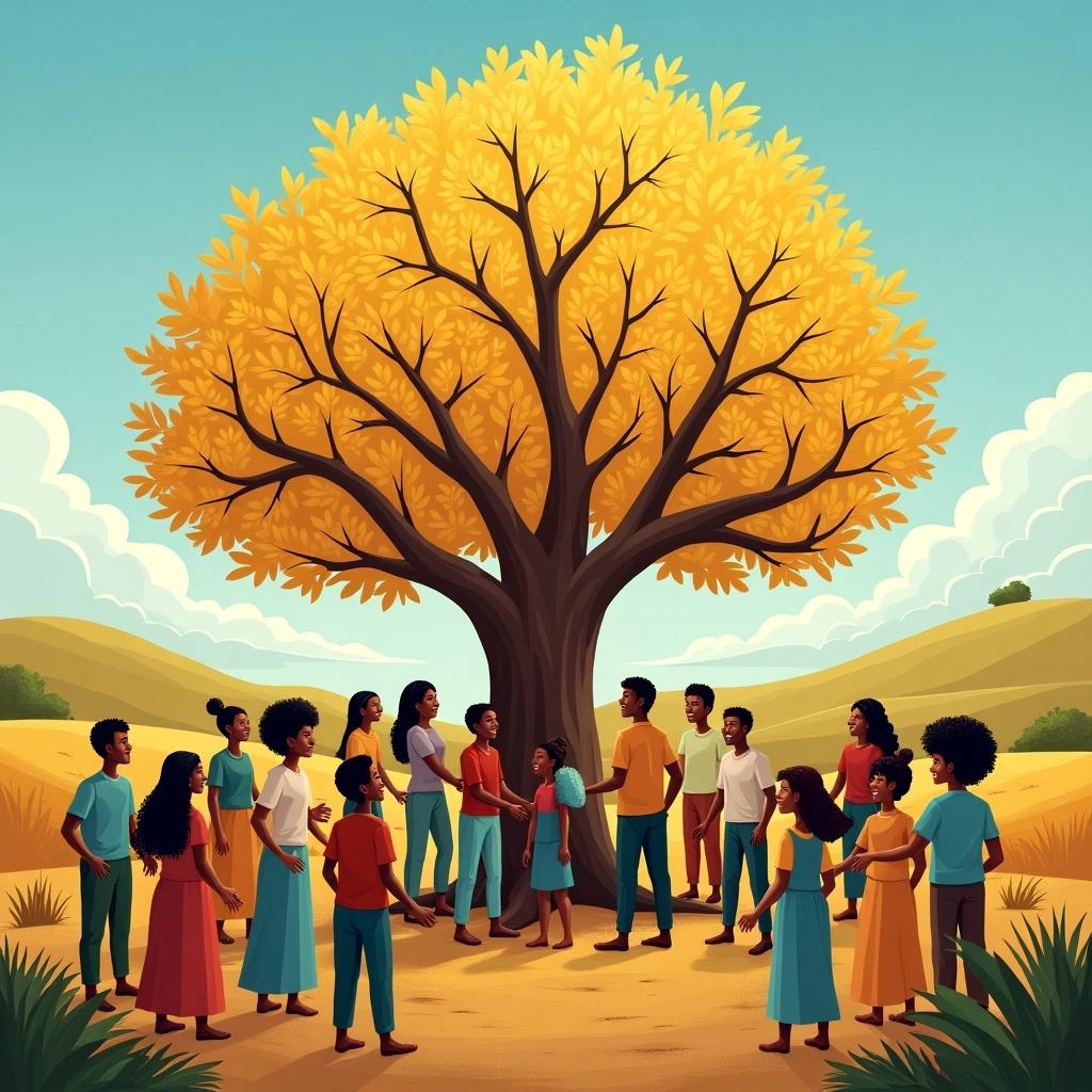 In a picturesque village landscape, a diverse group of villagers gathers around a majestic Kindness Tree adorned with glowing golden leaves. The sun shines down, illuminating their joyful faces as they share kind words and support one another. This scene embodies kindness and unity, showing people of different backgrounds coming together for a common cause. The tree stands as a symbol of their growing compassion, with each act of kindness contributing to its beauty. The background features lush hills and a blue sky, enhancing the feeling of warmth and community.