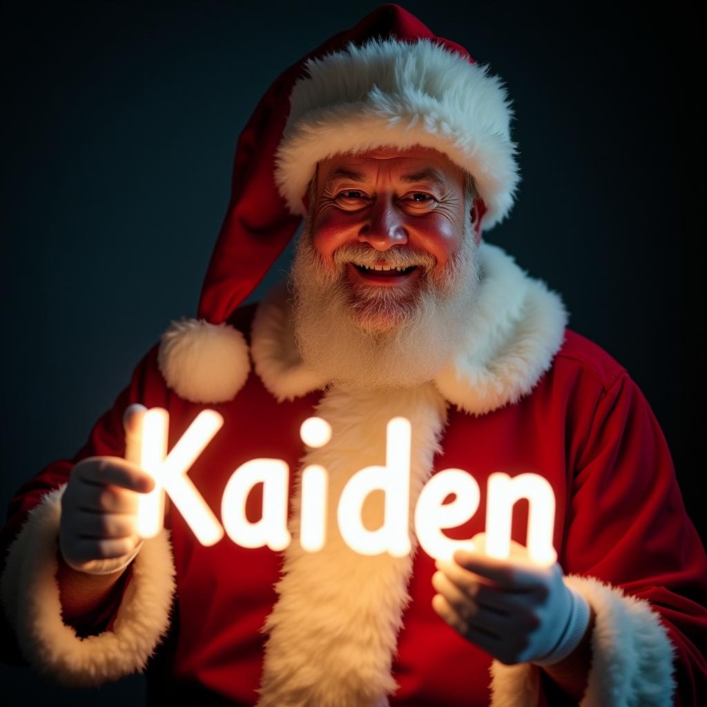 Santa Claus wearing a traditional red and white suit. He is holding a glow stick that spells 'Kaiden'. Santa's expression is jolly. Background is dark, enhancing glow of the text.