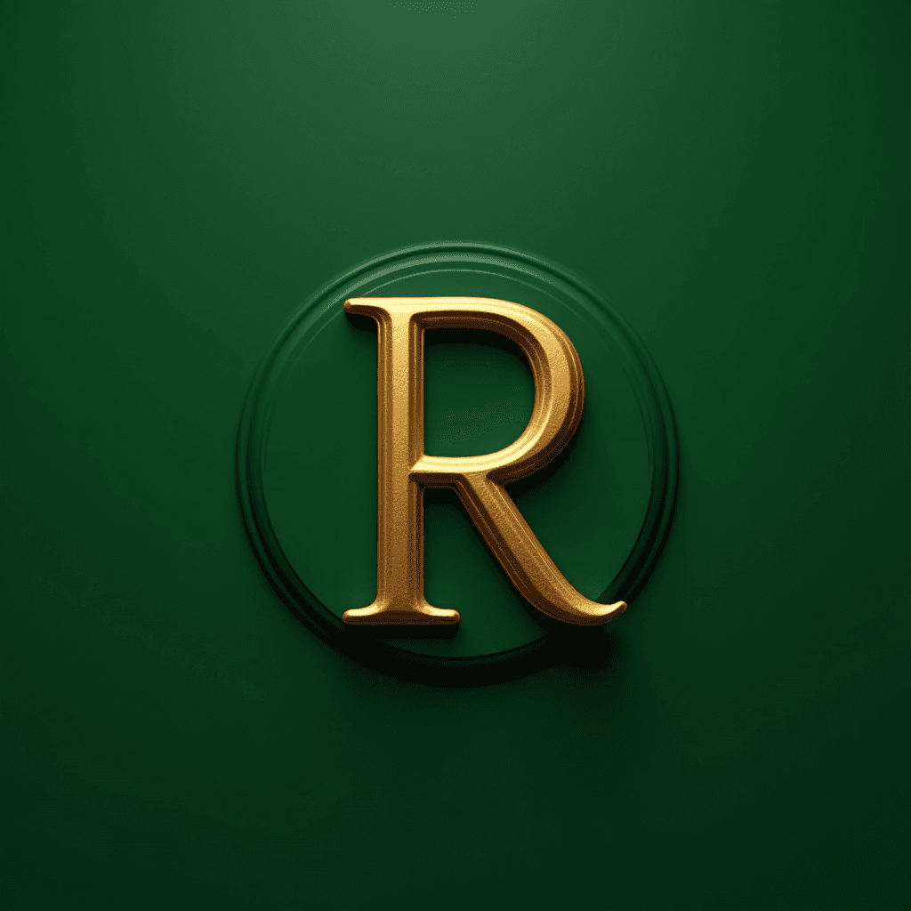 A sleek, golden letter 'R' designed with a circular shadow on a rich green background, emphasizing elegance and simplicity.