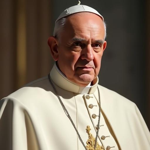 Create a hyper-realistic portrait of the new Pope wearing traditional papal clothing including a mitre and golden details on a white cassock. The expression should convey solemnity and wisdom with a deep serene gaze. The background should depict the Vatican illuminated with a sacred atmosphere. Use soft lighting to enhance the details of the face and clothing, emphasizing authority and spirituality with high realism.