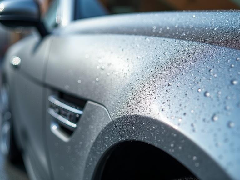Close-up of a silver car's surface showing water droplets. The surface appears clean and metallic after a car wash. The focus is on the texture and shine of the vehicle.