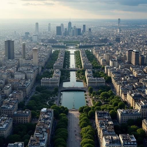 Aerial view of Paris showcasing the Seine River and urban landscape.
