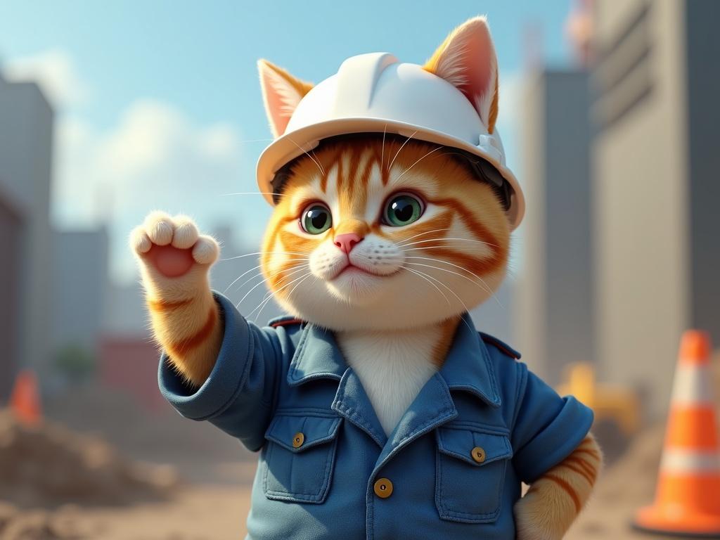 Realistic illustration of a cat in a white safety helmet and blue work uniform at a construction site with a determined expression raising one paw inspecting equipment in Genba Neko style.