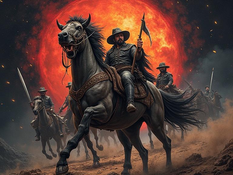 A fierce horse rider leads a group of riders charging forward. The scene is set against a fiery sunset. The mood is intense with an air of adventure. The riders are donned in rugged armor. The artwork showcases a dramatic fantasy style favored in heavy metal album covers.