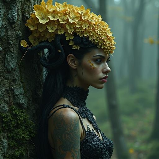 A woman with a crown of mushrooms in a dark and mysterious forest. Features a fantasy aesthetic with elements of nature.