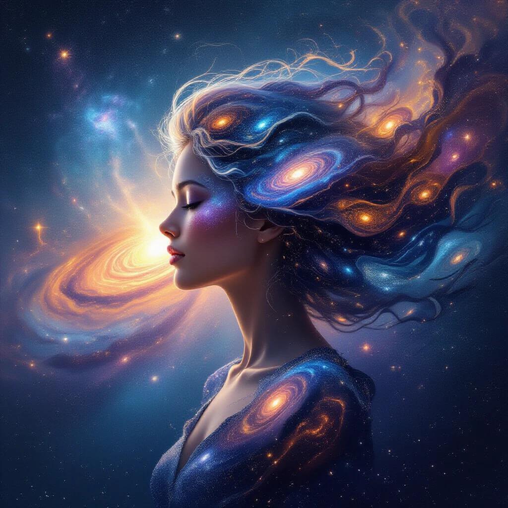 A cosmic representation of a woman with hair flowing like galaxies. Her profile showcases swirling stars and nebulae. The background has an expansive galactic view.