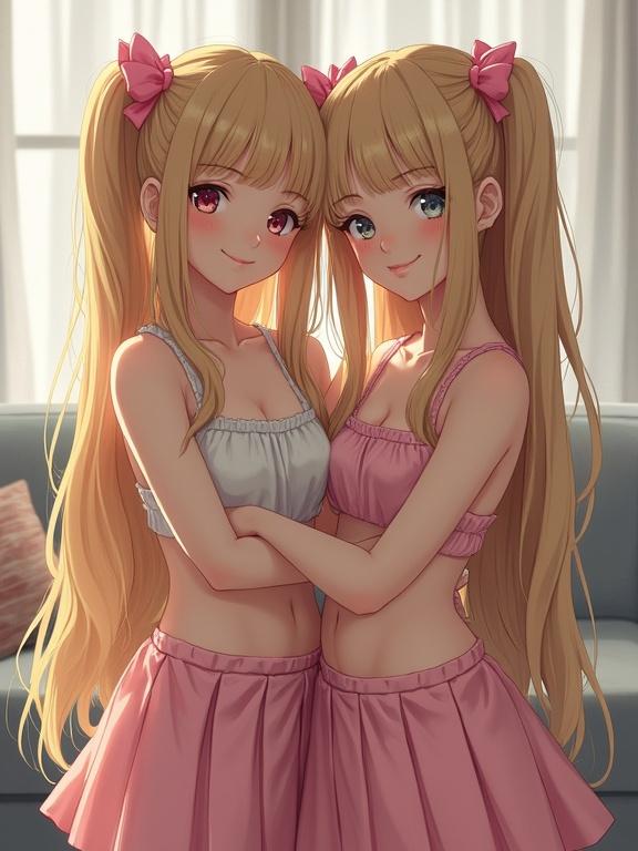 Two girls with blonde hair and pink bows in a cozy room. Both wearing matching skirts and tops. Smiling and looking cheerful. Bright, colorful aesthetic. Anime style.