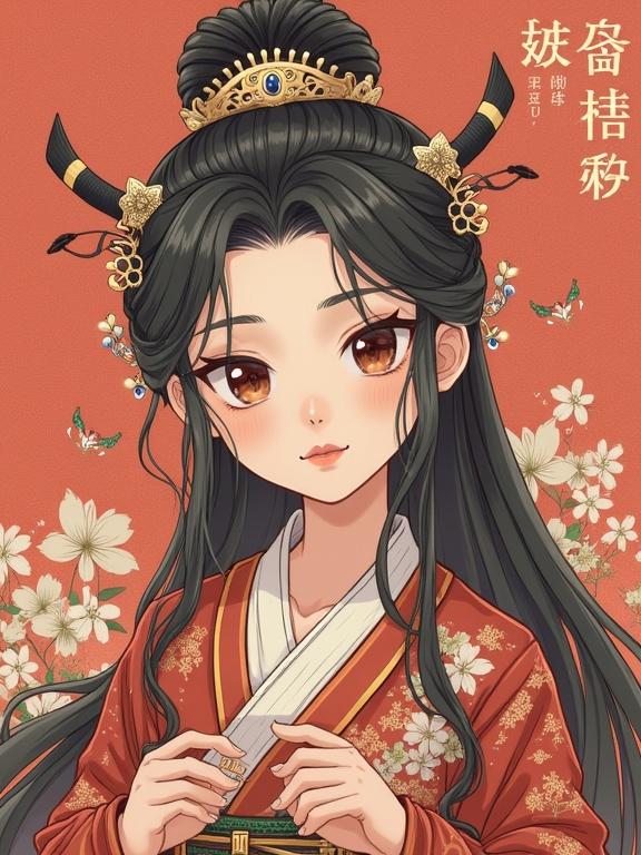 Stylized representation of a healthcare professional in traditional attire. The character wears intricate hair accessories and an ornate outfit. Background consists of floral patterns. The atmosphere feels warm and harmonious, evoking a sense of care and compassion.