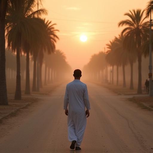 A Muslim man walks alone on a quiet street at sunset. The sky glows with warm tones. Trees line the road. The atmosphere is peaceful. The road is dusty and stretches into the distance. The man wears traditional Islamic clothing. His posture is calm and thoughtful.