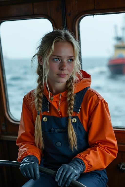 Young woman with long blonde hair in pigtails wearing orange raincoat and navy blue dungarees. Driving an old fishing boat on a cold sea with a harbor in the background.