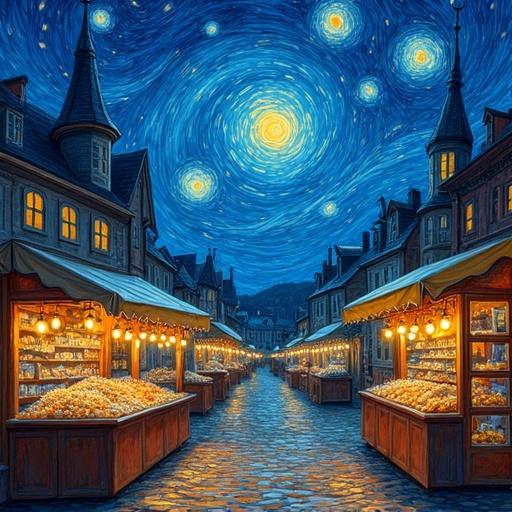 A swirling night market is depicted under expressive skies. The art showcases Van Gogh-inspired brushwork. The scene is dreamlike with glowing elements and kinetic energy all around.