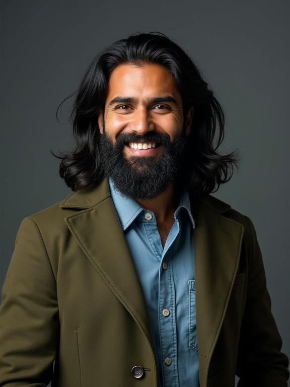 Man with black hair and a French cut beard wears an olive green coat and sky blue shirt. He poses in a studio with a charming smile.