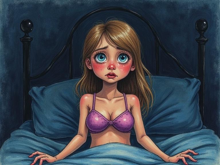 Crayon drawing of a scared tearful girl in a bra sitting in bed. Dark bedroom atmosphere. Frontal view.