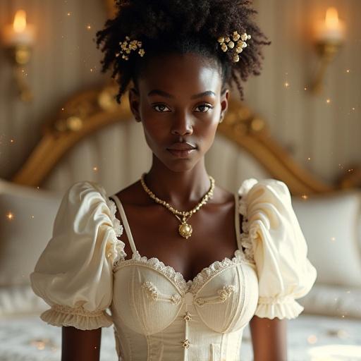 Afro goddess inspired by Yemọja. Deep brown skin. Glowing golden eyes. Classic European-style maid uniform. White with lace and frills. Elegance and grace. Hairstyle with Japanese influences. Luxurious Western bedroom. Performs bed-making. Calm and serene expression. Maternal warmth. Magical particles in the background. Soft light creating an ethereal atmosphere.