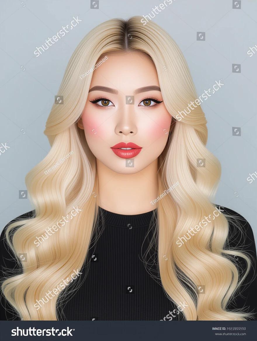 Image of a girl with long blonde hair styled in waves. The hair is lustrous and bright. The girl features bright make-up emphasizing her beauty. She exhibits a pin-up style.